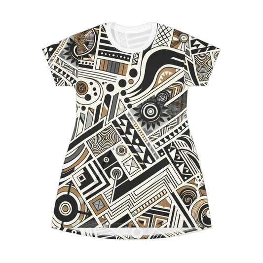Boho Chic T-Shirt Dress, Abstract Print Casual Dress, Unique Summer Outfit, Festival Wear, Everyday Fashion