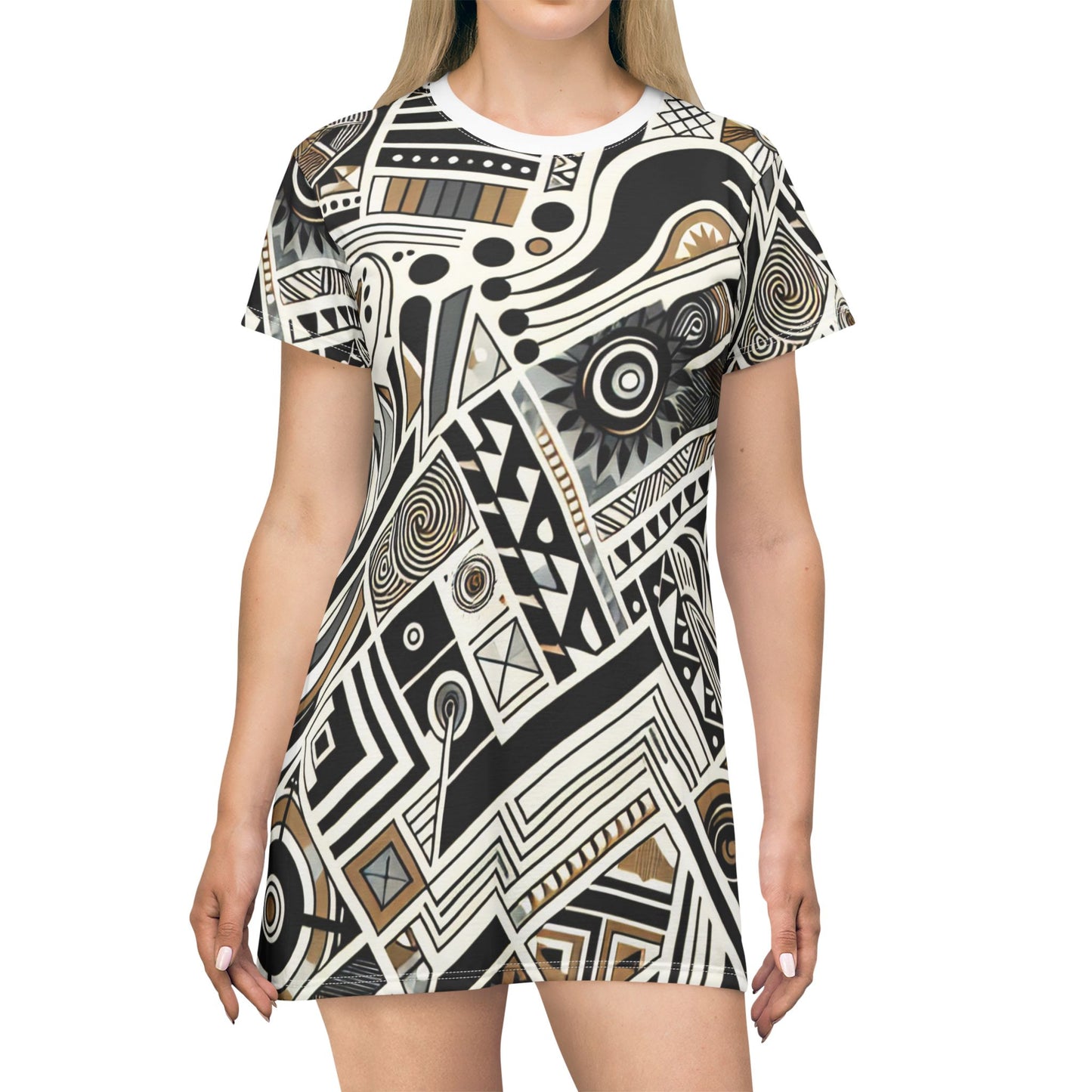 Boho Chic T-Shirt Dress, Abstract Print Casual Dress, Unique Summer Outfit, Festival Wear, Everyday Fashion